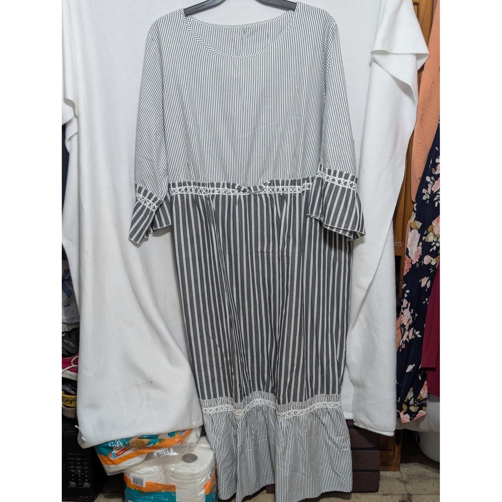 Imexn Womens 5XL Black White Striped Maxi Dress Crochet Lace Trim Bell Sleeve